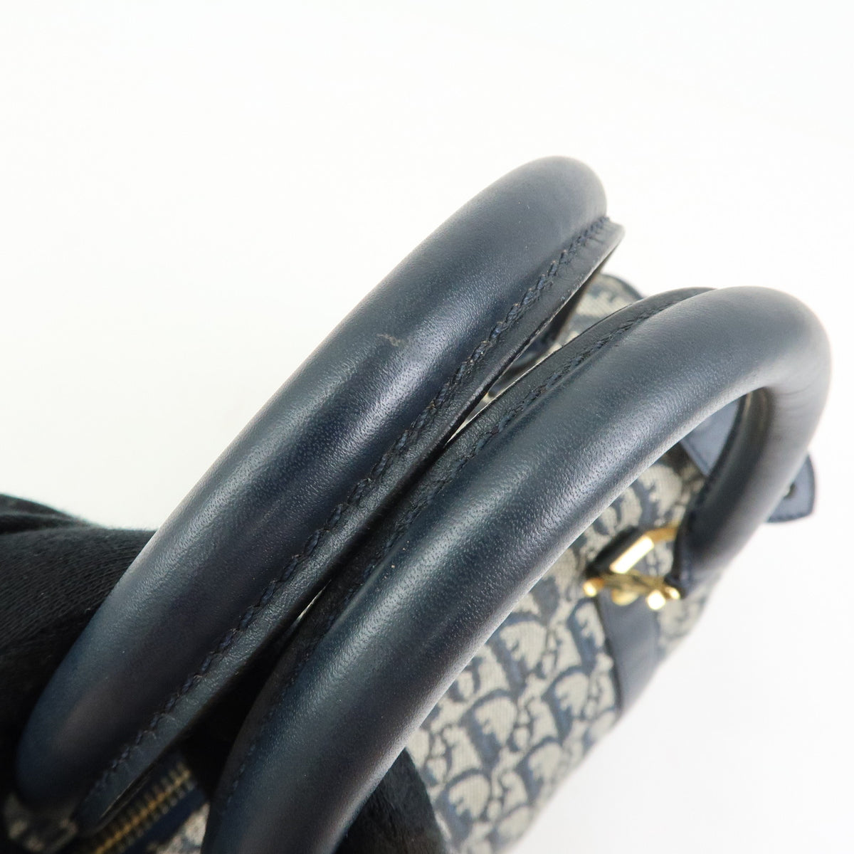 Christian Dior Trotter Jacquard Canvas Leather Boston Bag Hand Bag Navy