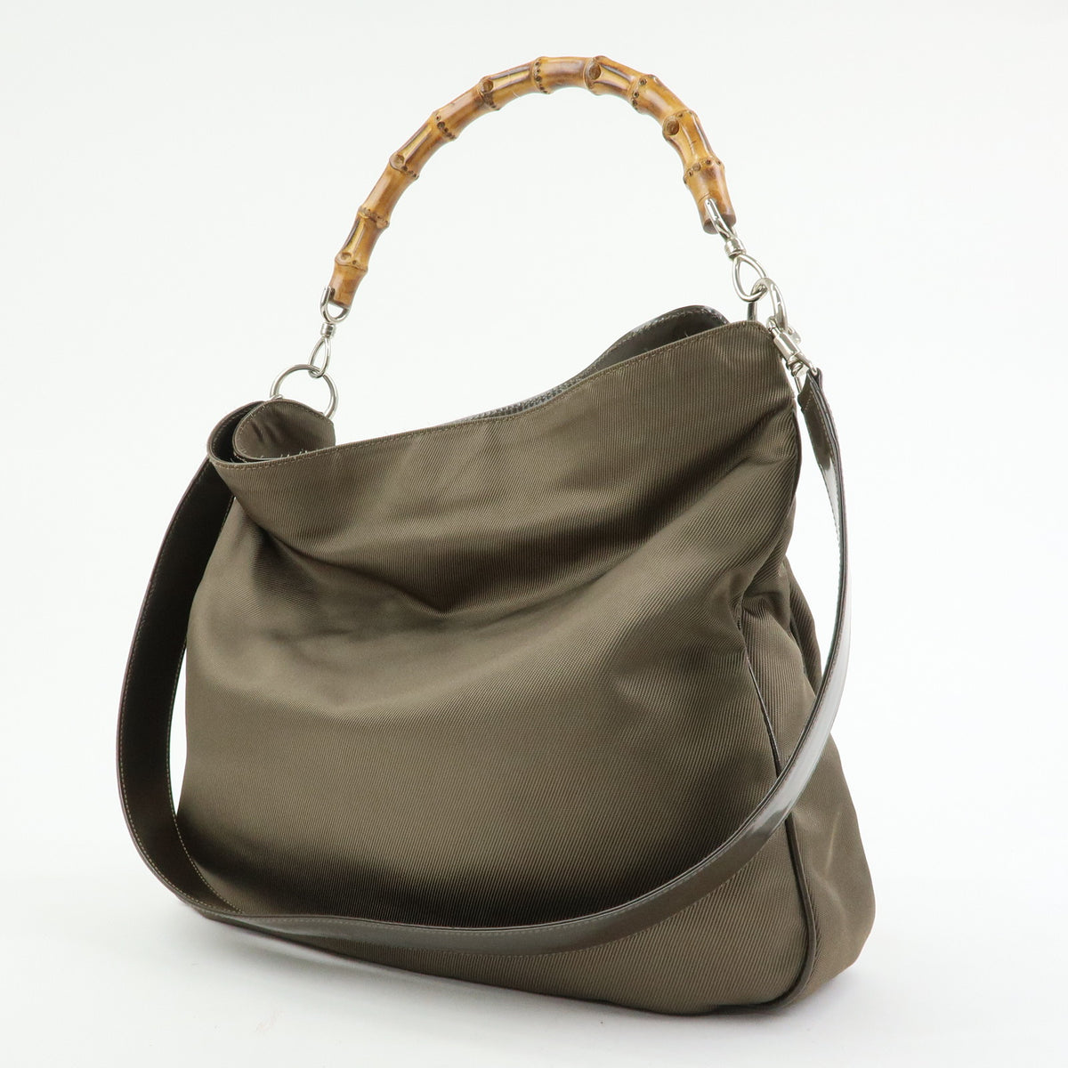 GUCCI Bamboo Nylon Leather 2Way Bag Hand Bag Khaki 001・2123・1577