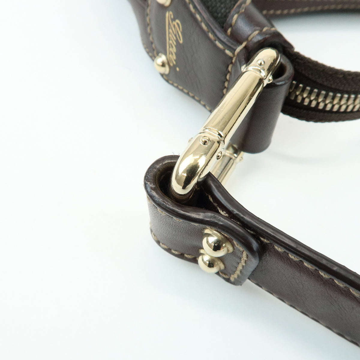 GUCCI Bamboo Horsebit Canvas Leather Shoulder Bag Dark Brown 154378