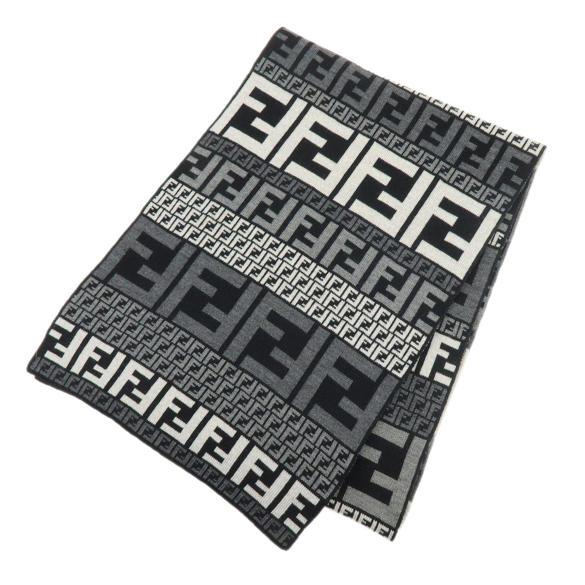 FENDI Zucca Zucchino Wool 100% Scarf Shawl Gray Black Ivory