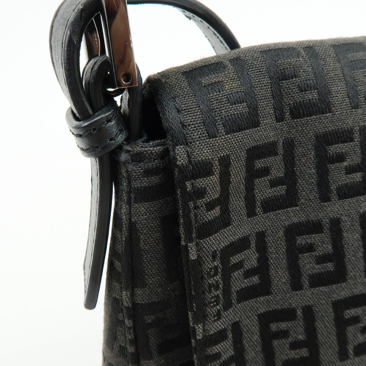 FENDI Mamma Baguette Zucchino Canvas Leather Shoulder Bag Black 8BR001