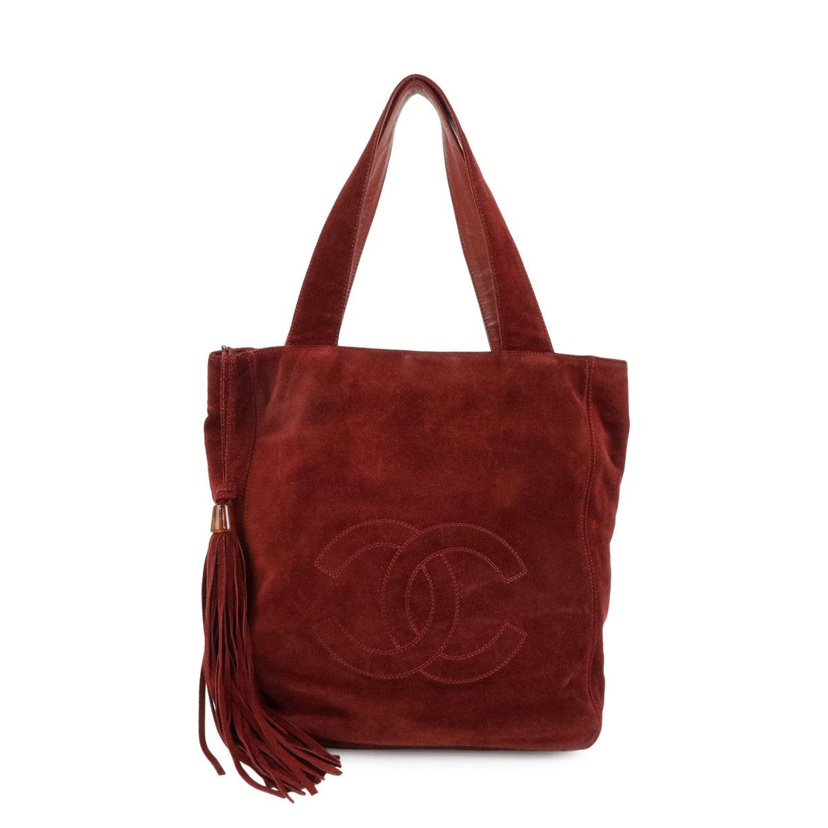 CHANEL COCO Mark Suede Leather Tote Bag Shoulder Bag Tassel Wine Red