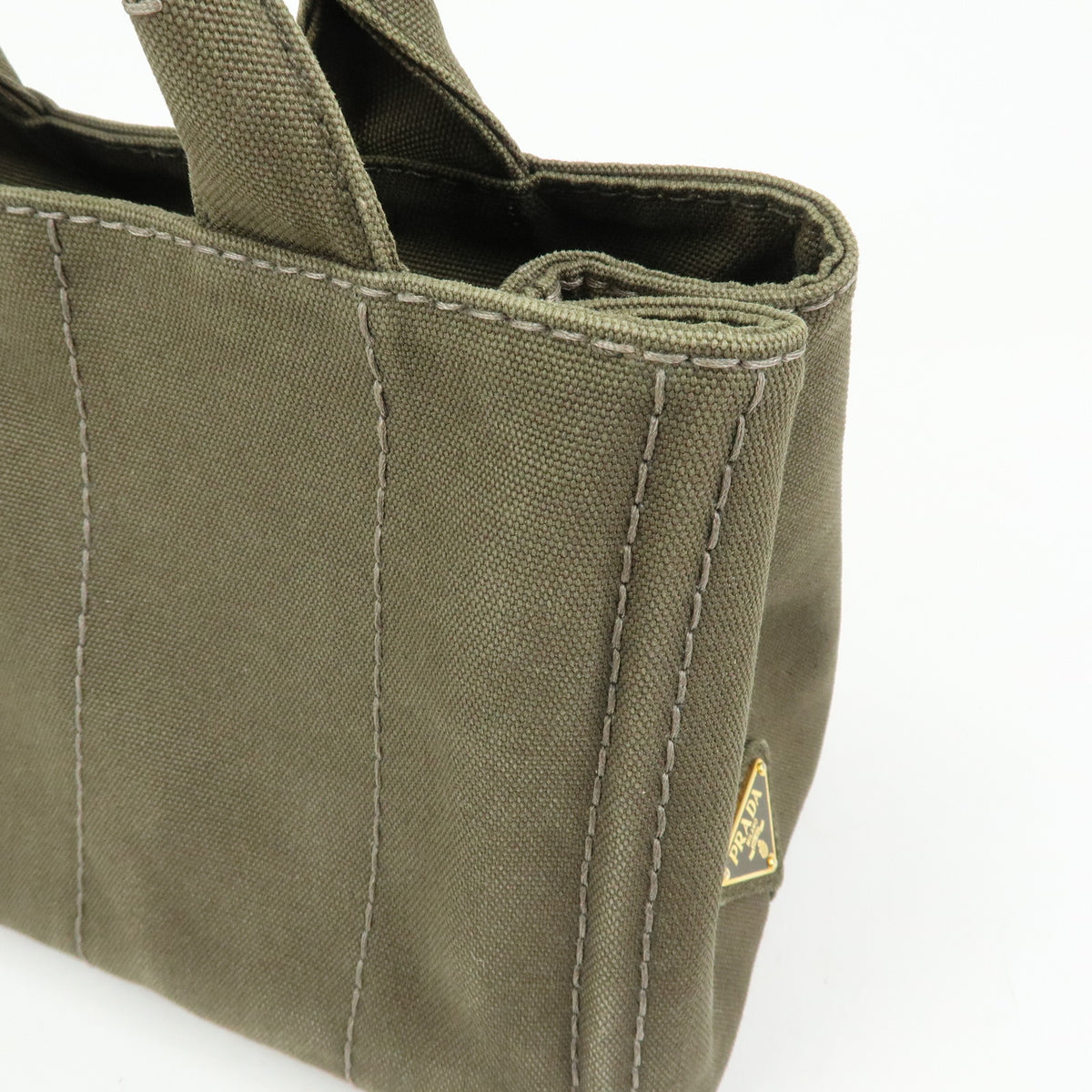 PRADA Triangle Logo Canapa Mini Canvas Tote Bag Hand Bag Khaki BN2439