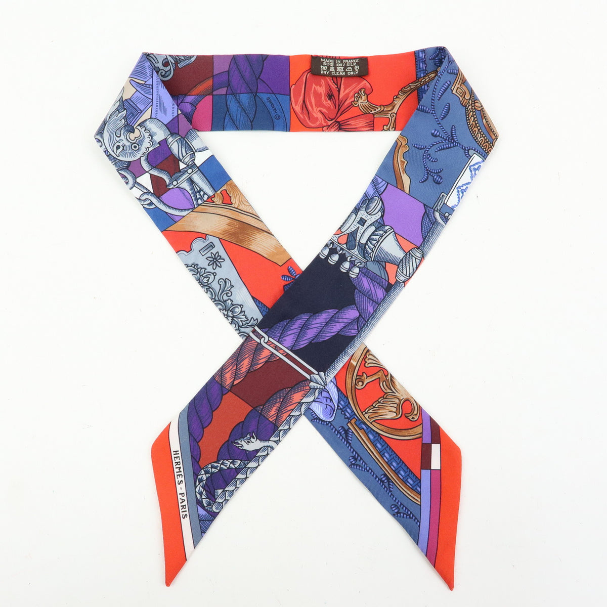 HERMES Twilly Silk 100% Scarf CAVALLERIA D ETRIERS Red Purple Blue