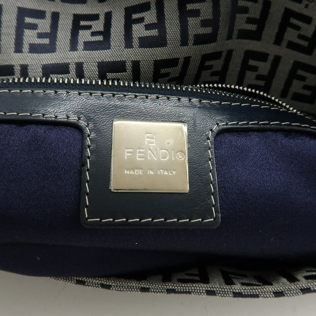 FENDI Mamma Baguette Zucchino Canvas Leather Shoulder Bag Navy 26424