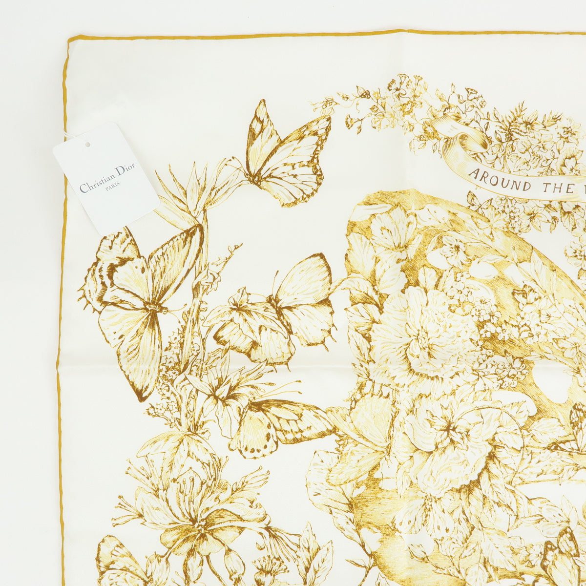 Christian Dior Silk 100% Gold Butterfly Pattern Scarf White Gold