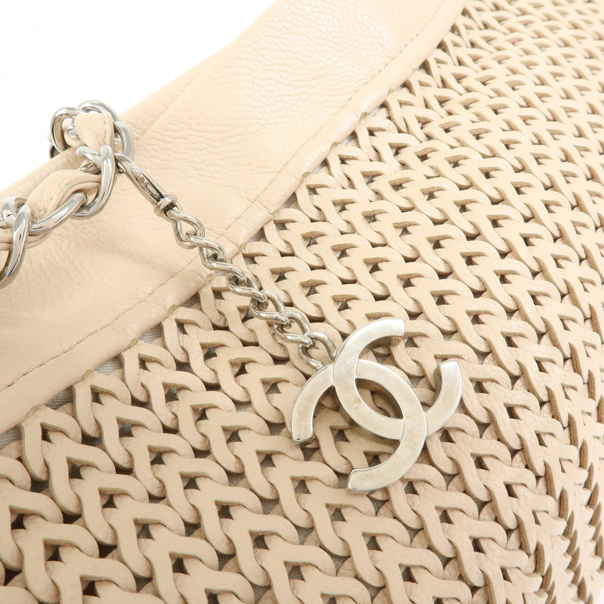 CHANEL Caviarskin Mesh CC Charm Chain Shoulder Bag Beige A28002