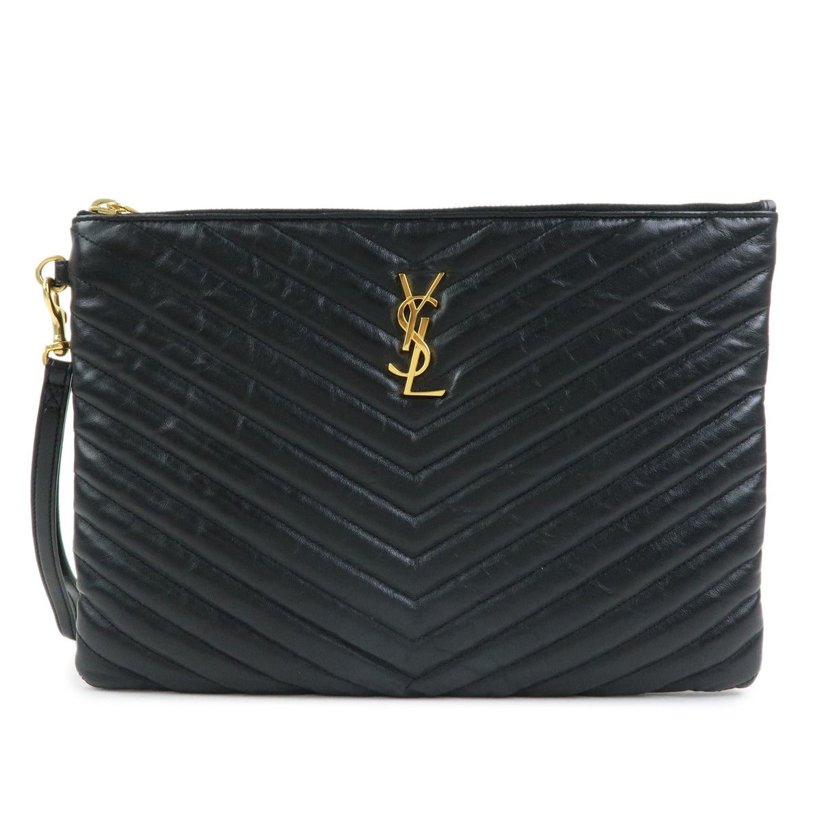 SAINT LAURENT PARIS V Stitch Leather Clutch Bag Flat Pouch Black