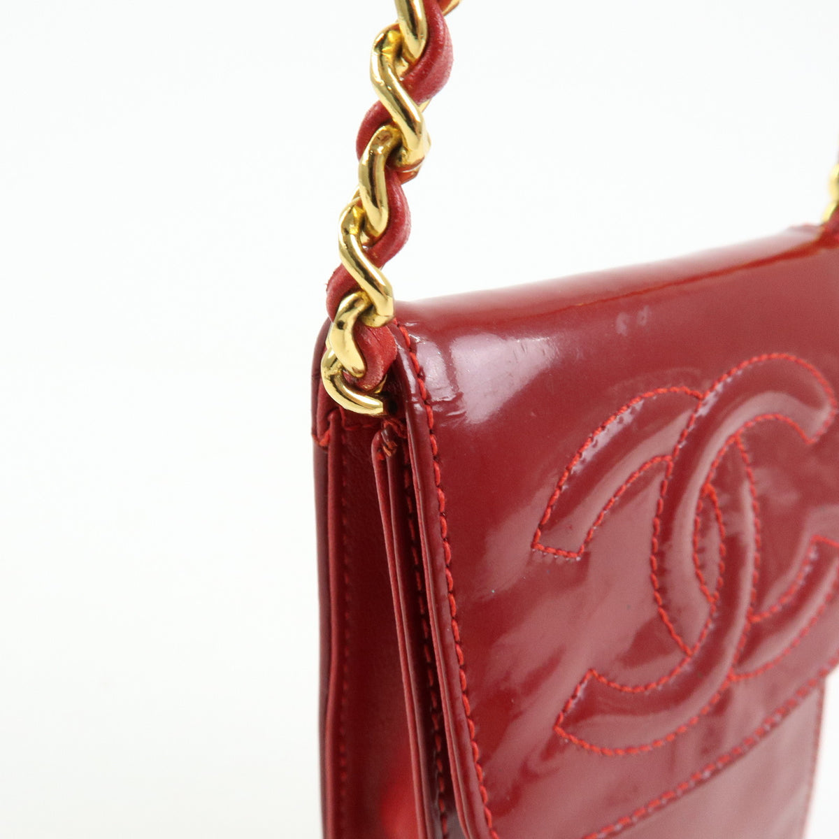 CHANEL COCO Mark Patent Leather Chain Shoulder Bag Phone Case Red Gold