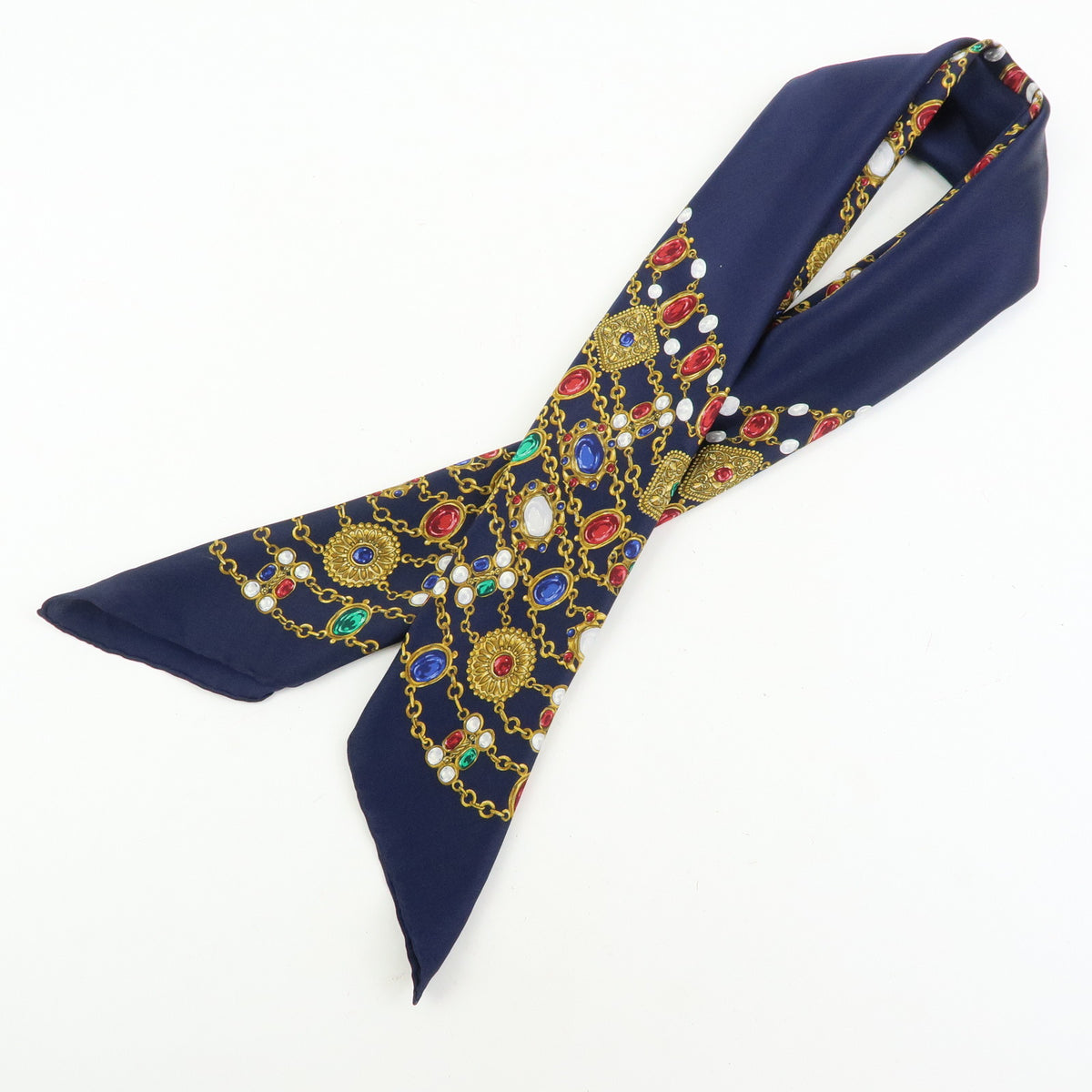 CHANEL Silk 100% Scarf Bijou Chain Print Navy Gold
