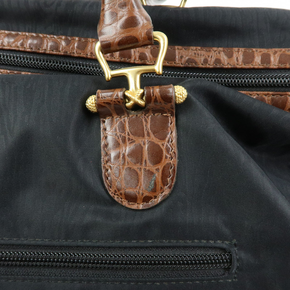 BALENCIAGA Nylon Embossed Leather Boston Bag Black Brown