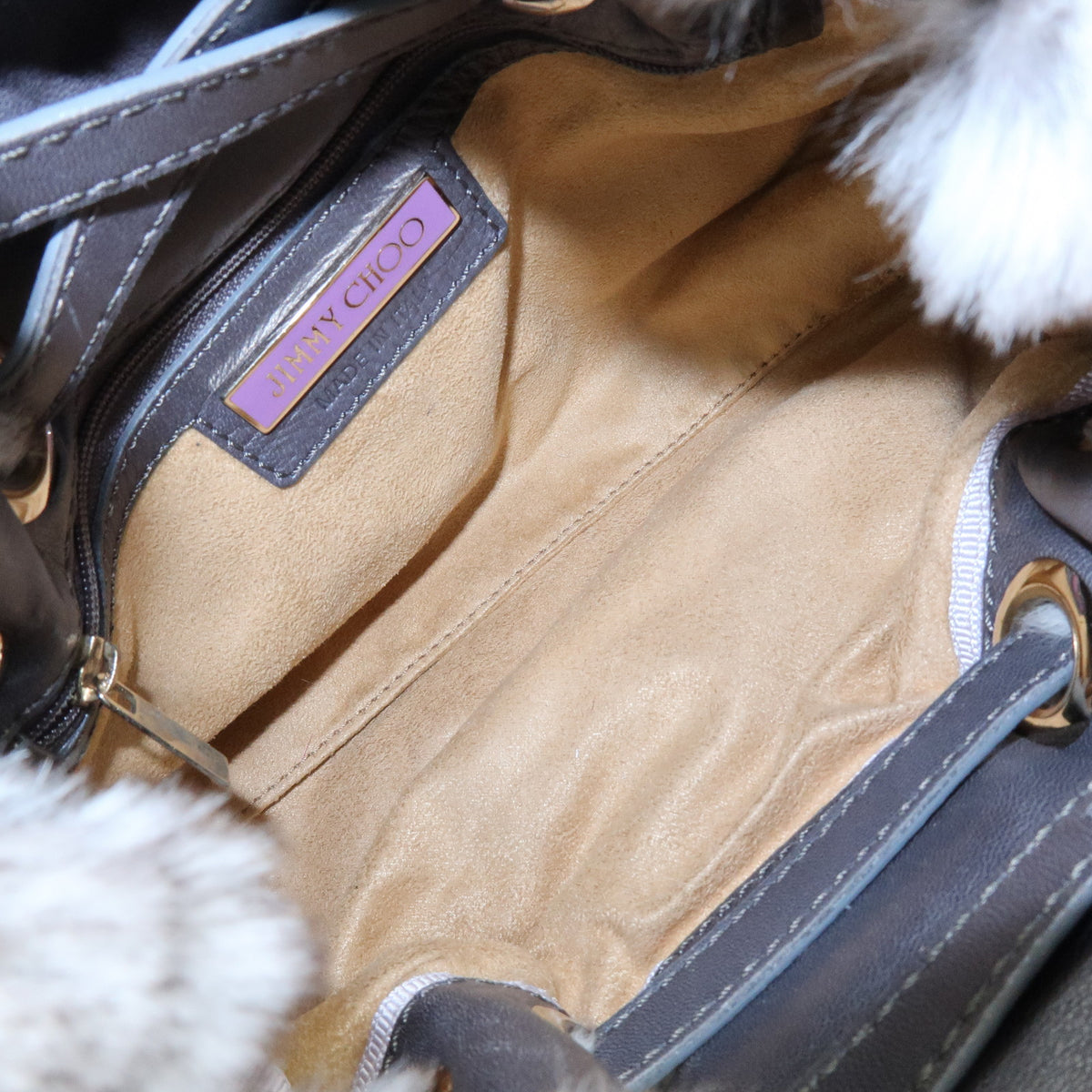 JIMMY CHOO Lapin Rabbit Fur Leather Hand Bag Tote Bag Brown Gray