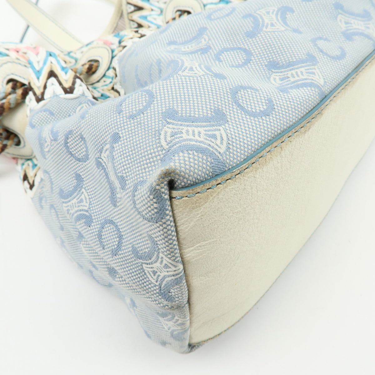 CELINE Macadam Canvas Leather Raffia Hand Bag Light Blue White