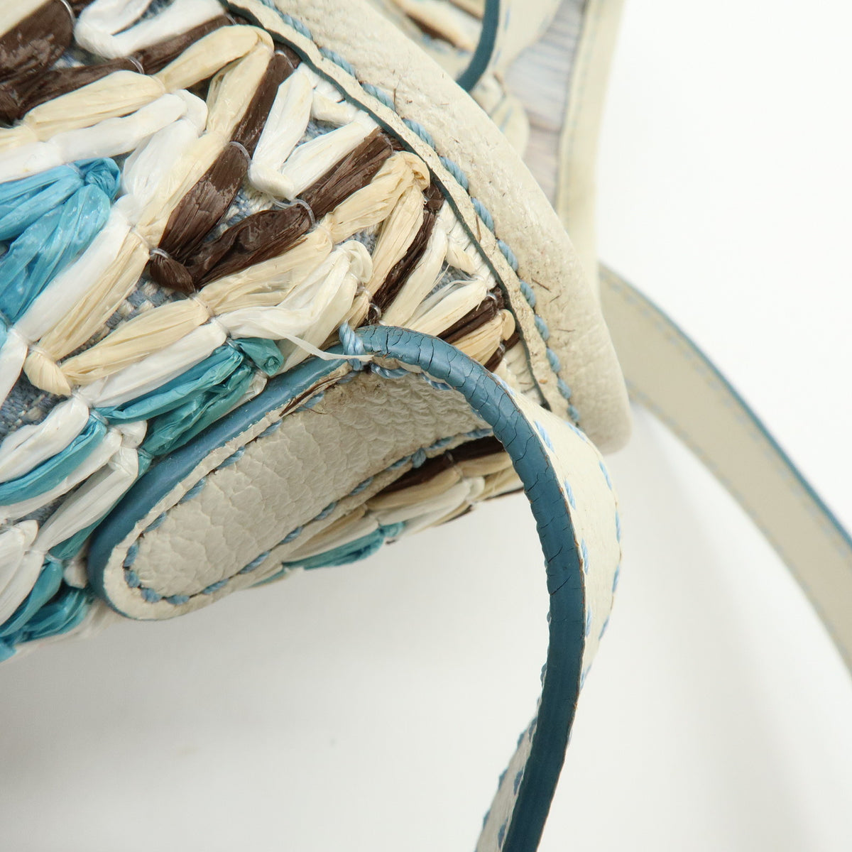 CELINE Macadam Canvas Leather Raffia Hand Bag Light Blue White
