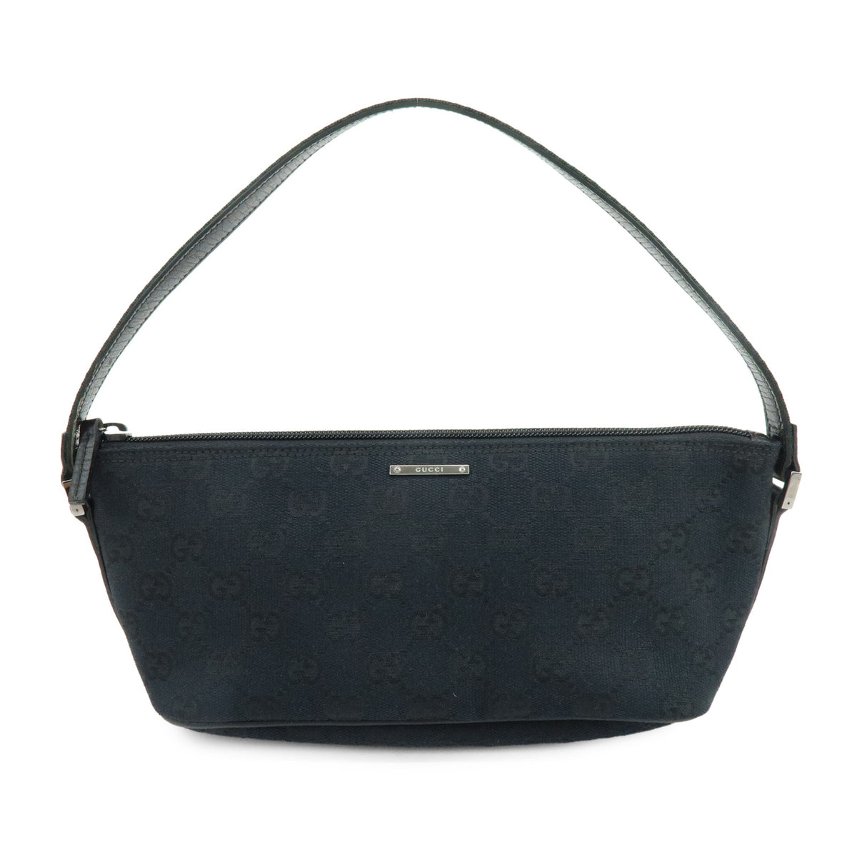 GUCCI Boat Bag Sherry GG Canvas Leather Hand Bag Pouch Black 141809