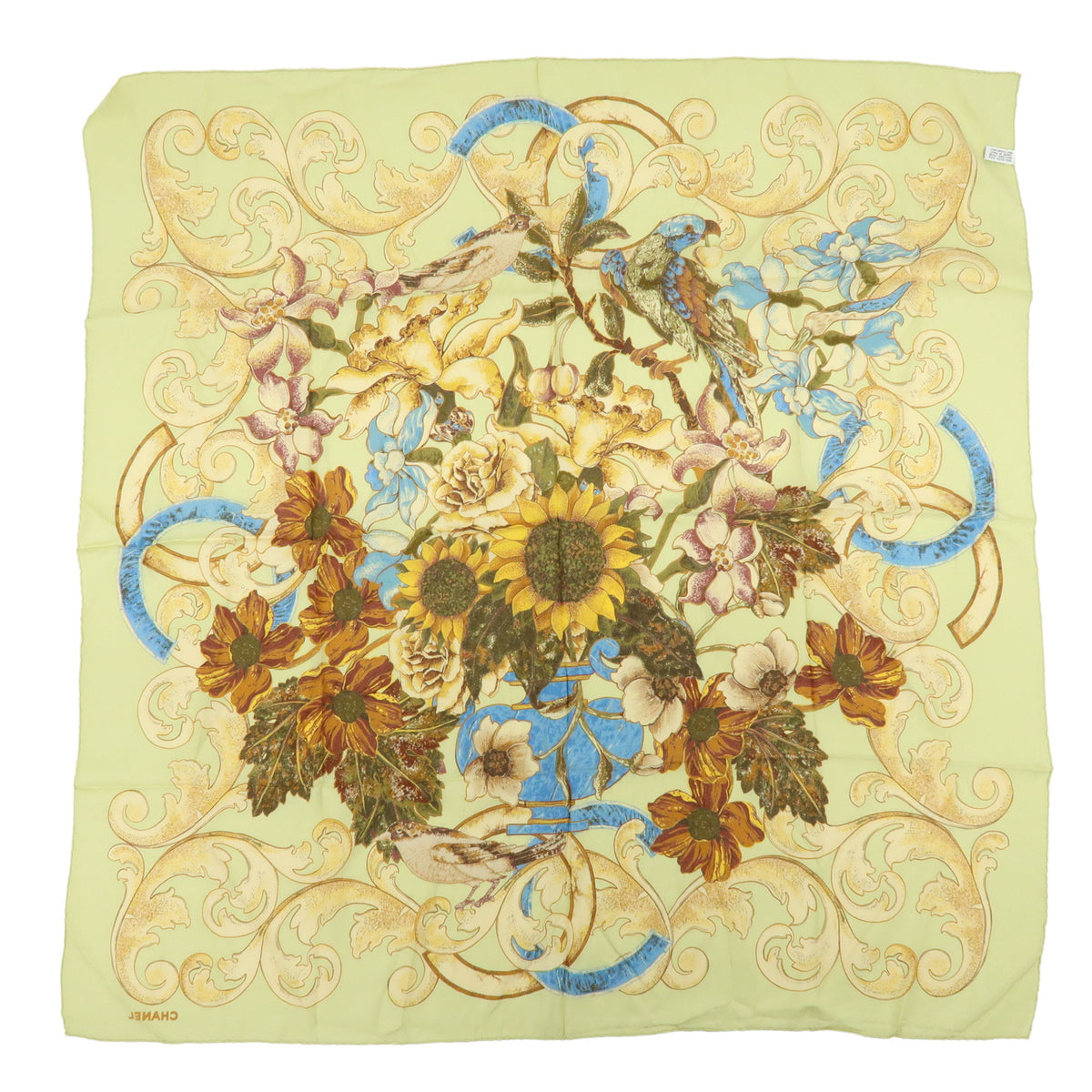 CHANEL Silk100% Sunflower Pattern Scarf Shawl Light Green