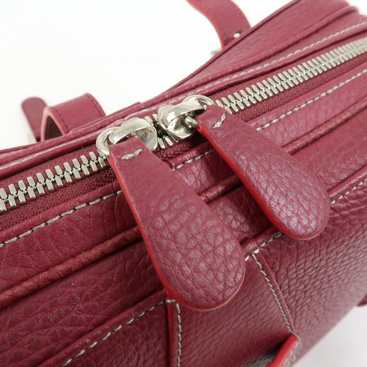 LOEWE Senda Leather Boston Bag Hand Bag Buckle Design Bordeaux