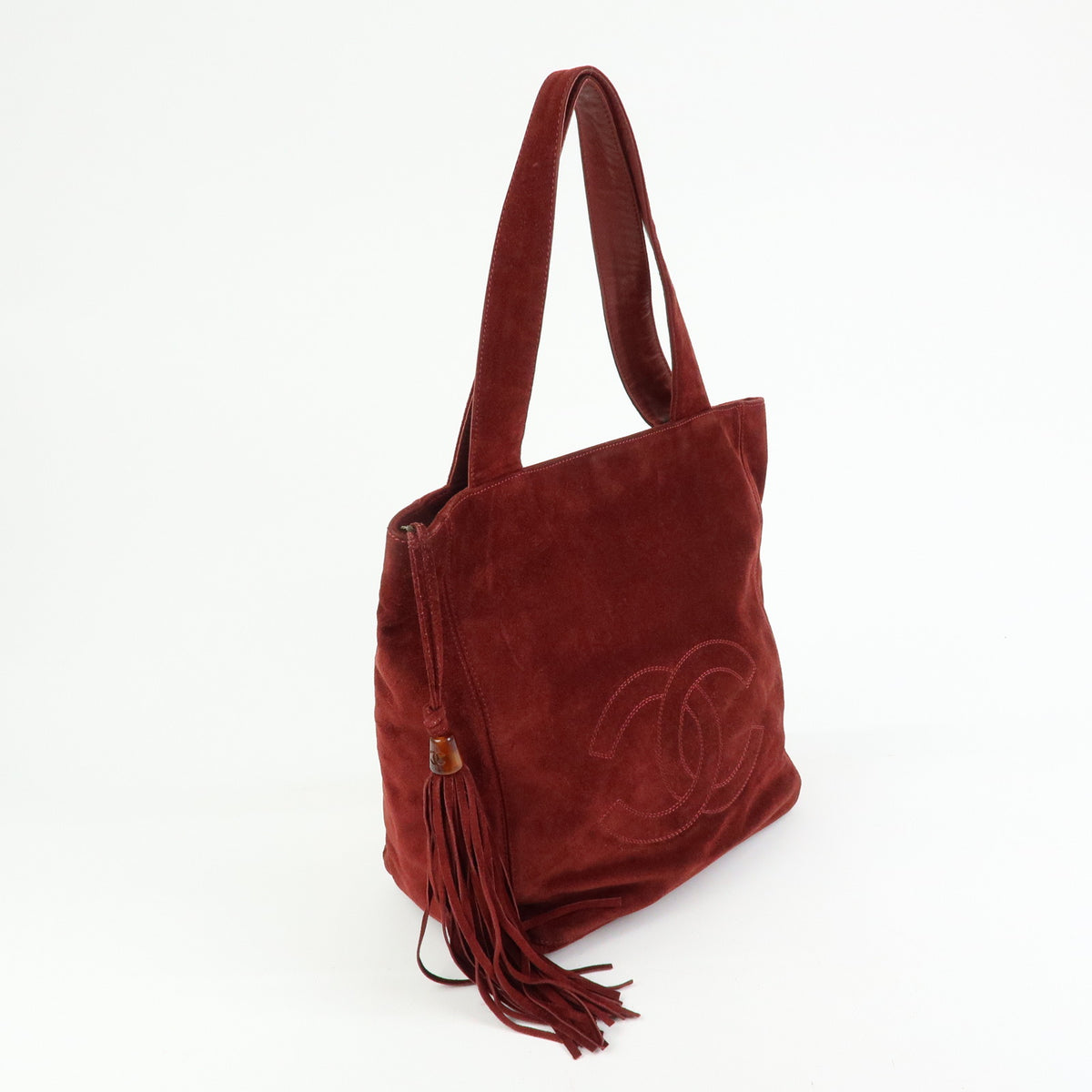 CHANEL COCO Mark Suede Leather Tote Bag Shoulder Bag Tassel Wine Red