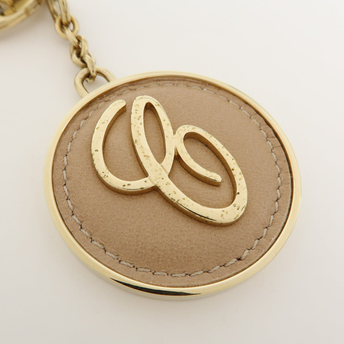 Chloe Logo Metal Leather Bag Charm Key Charm Key Chain Gold Beige