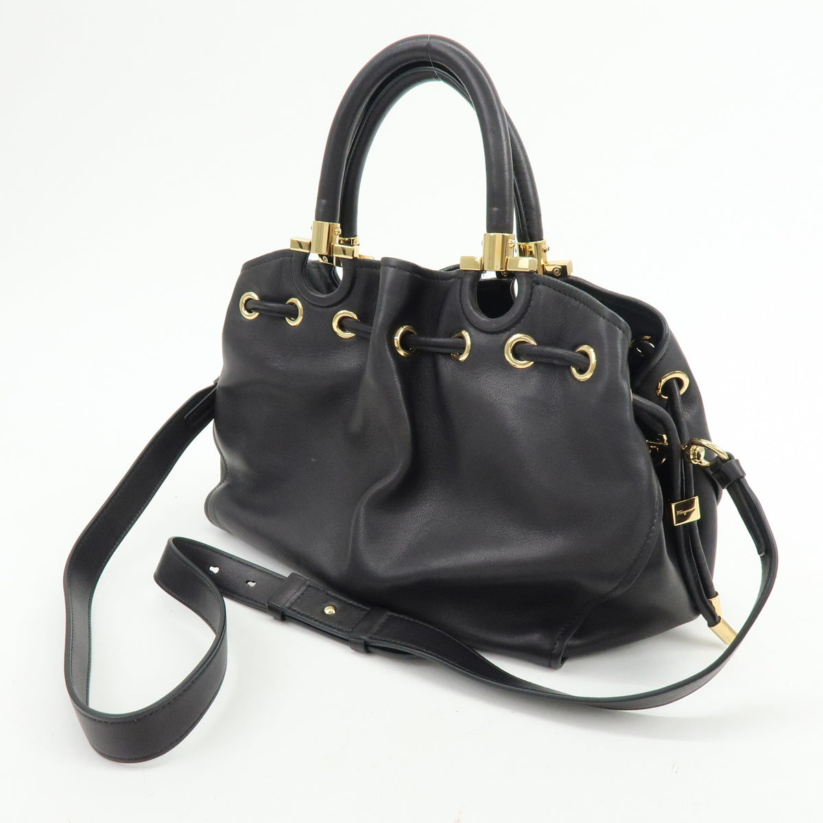 Ferragamo Sonia Leather 2Way Bag Hand Bag Shoulder Bag Black