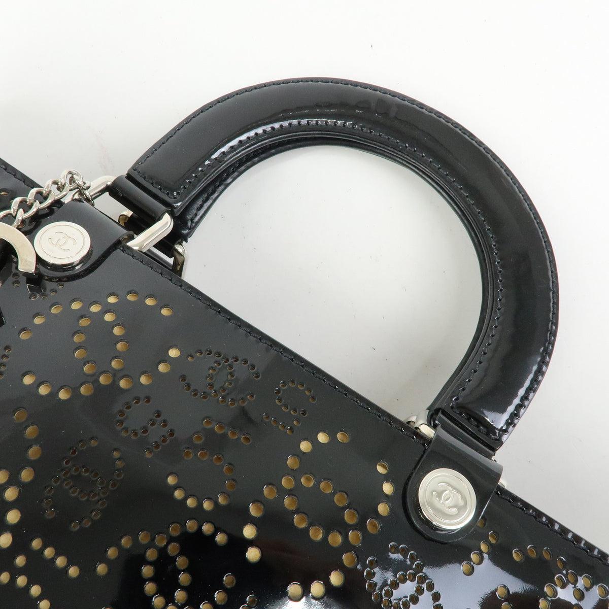 CHANEL COCO Mark Patent Leather Perforated Punching Hand Tote Bag Black