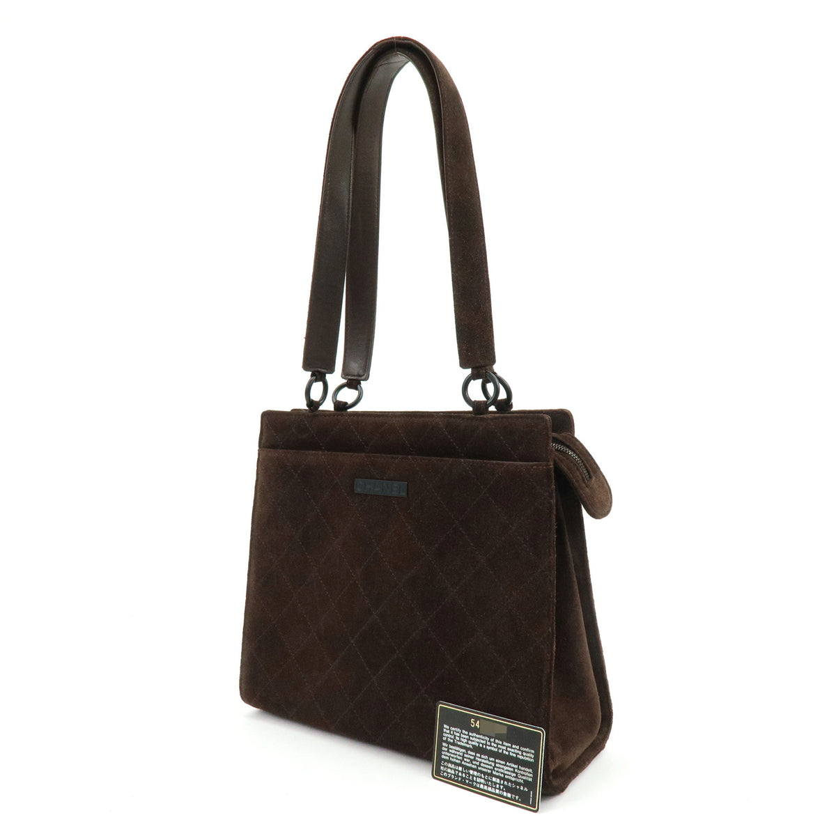 CHANEL Logo Plate Quilting Suede Leather Shoulder Bag Dark Brown Black