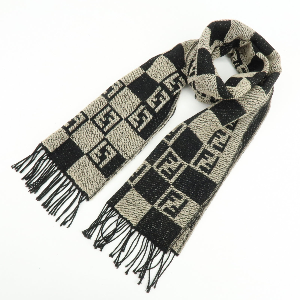 FENDI Zucca FF Logo Acrylic Wool Scarf Shawl Beige Black