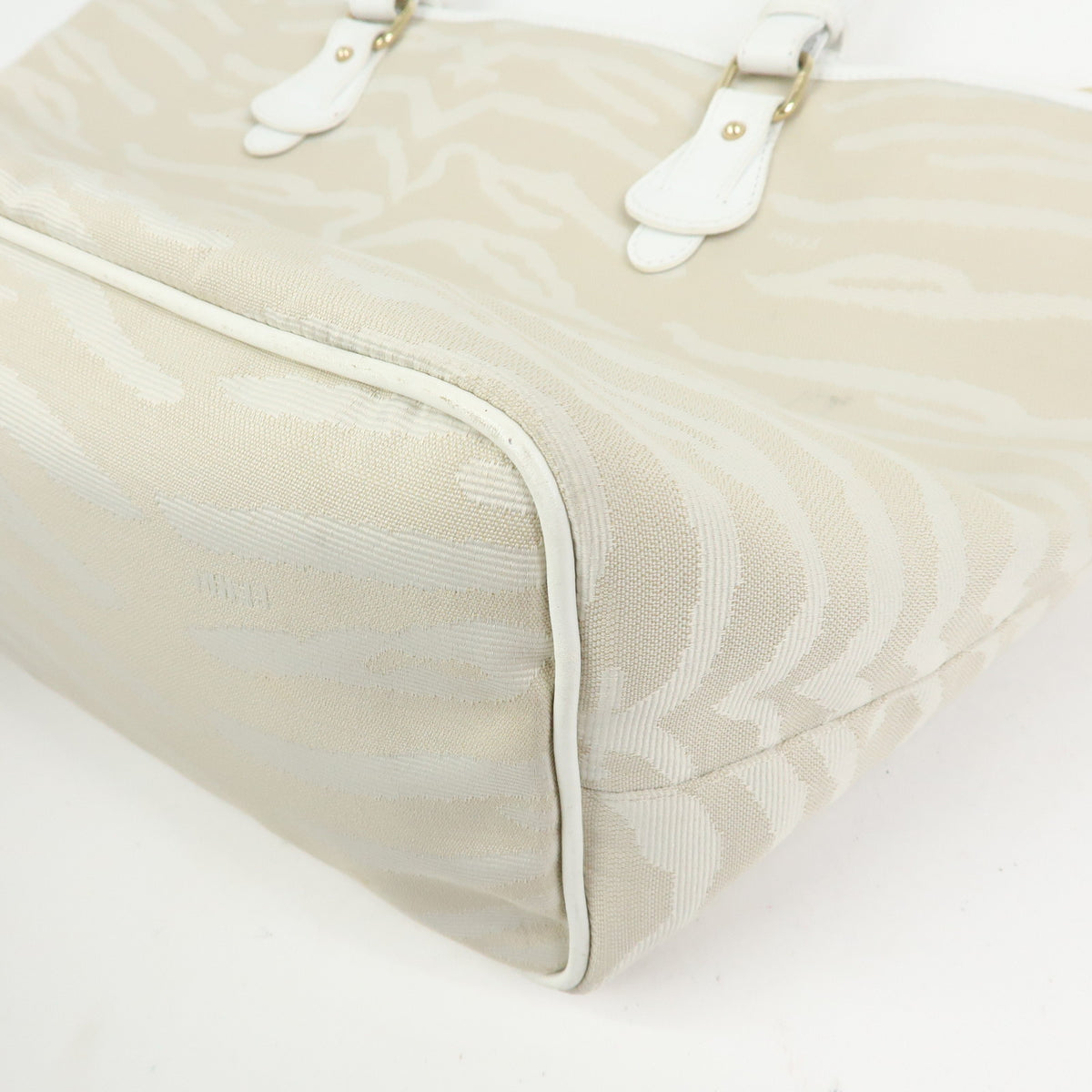 FENDI Canvas Leather Zebra Pattern Tote Bag Hand Bag Beige White 8BH115