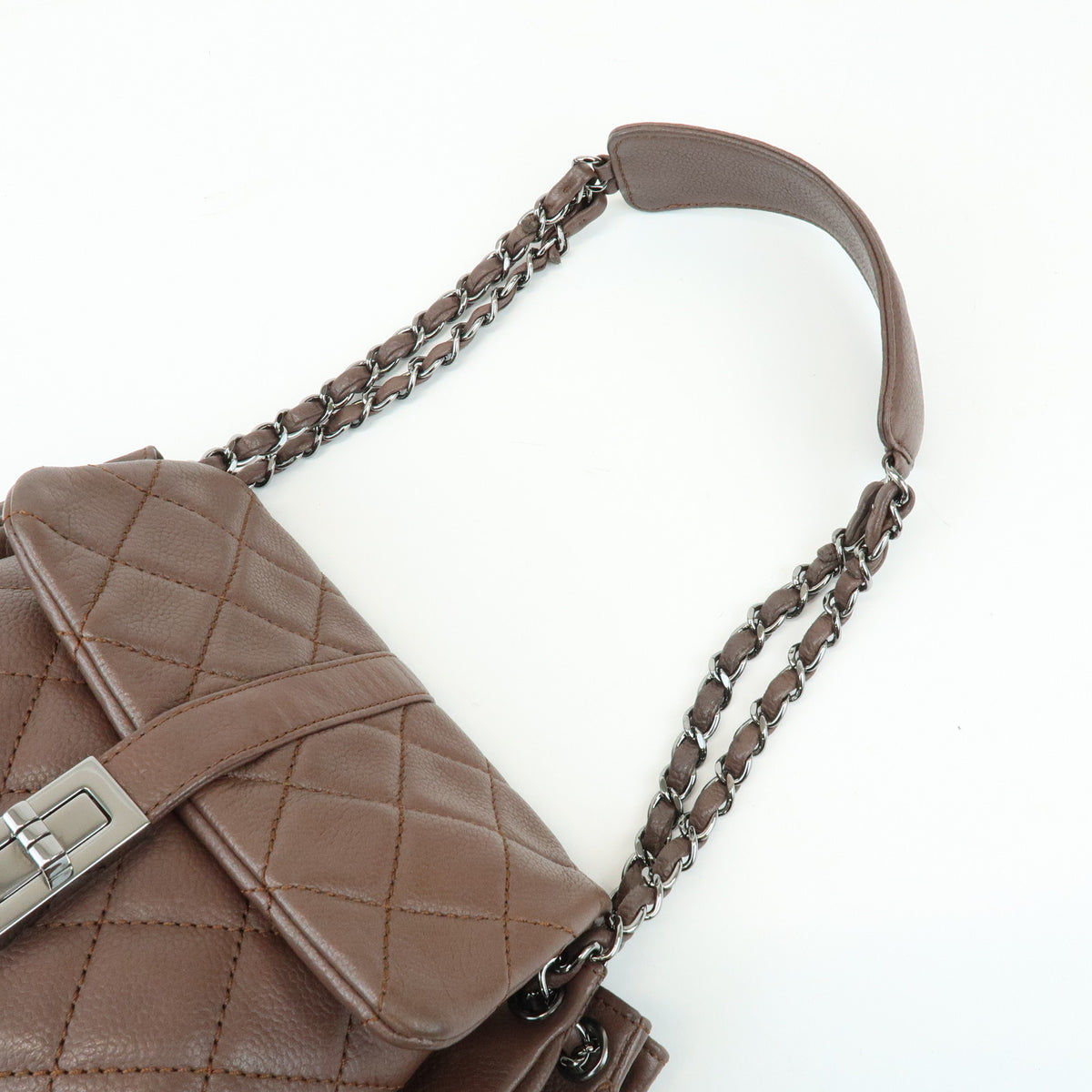CHANEL 2.55 Mademoiselle Lock Lamb Skin Chain Shoulder Bag Brown