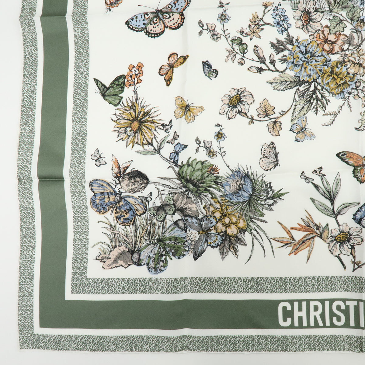 Christian Dior Silk 100% Butterfly Flower Motif Scarf Shawl Sage Green
