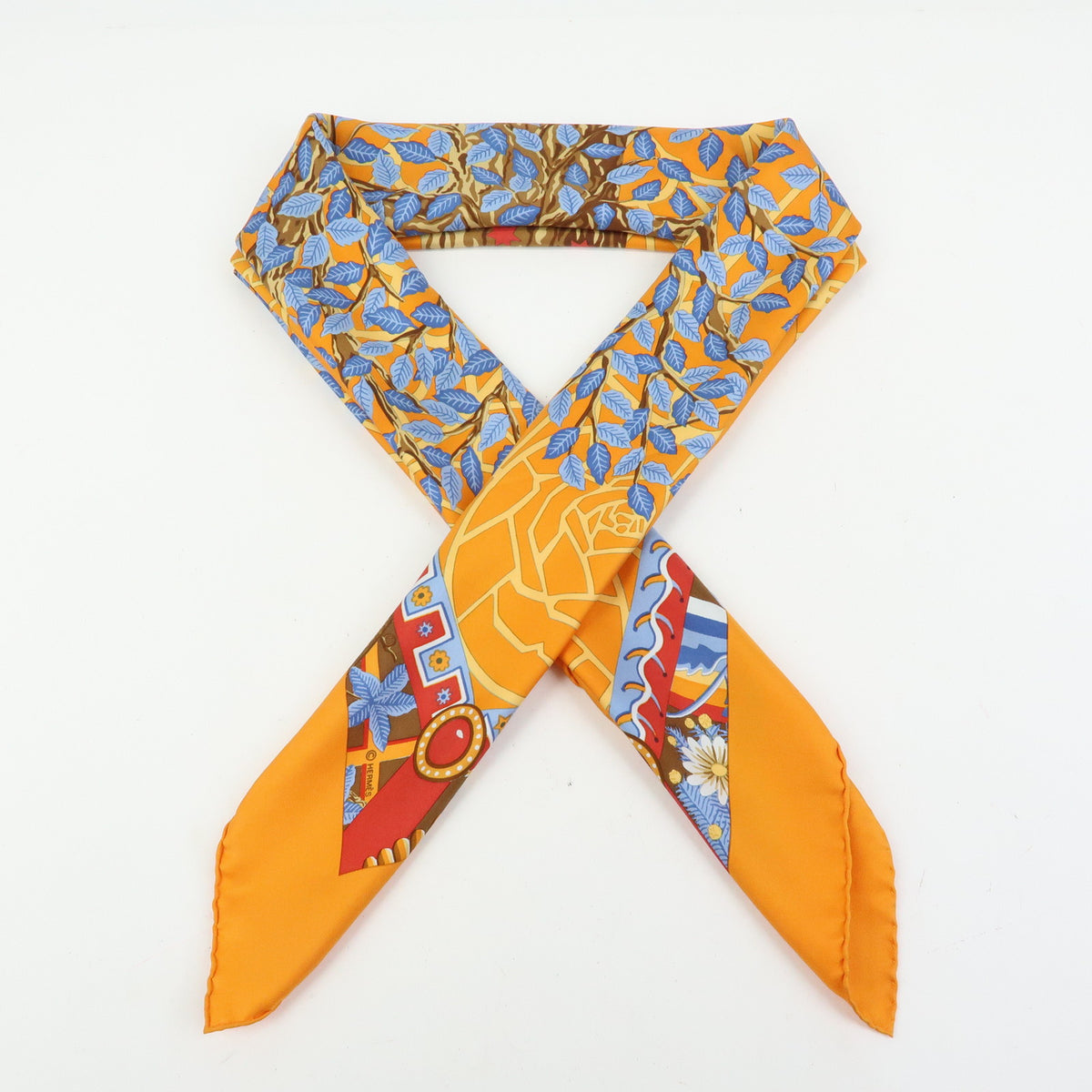 HERMES Carre 90 Silk 100% Scarf AXIS MUNDI Orange Blue Brown