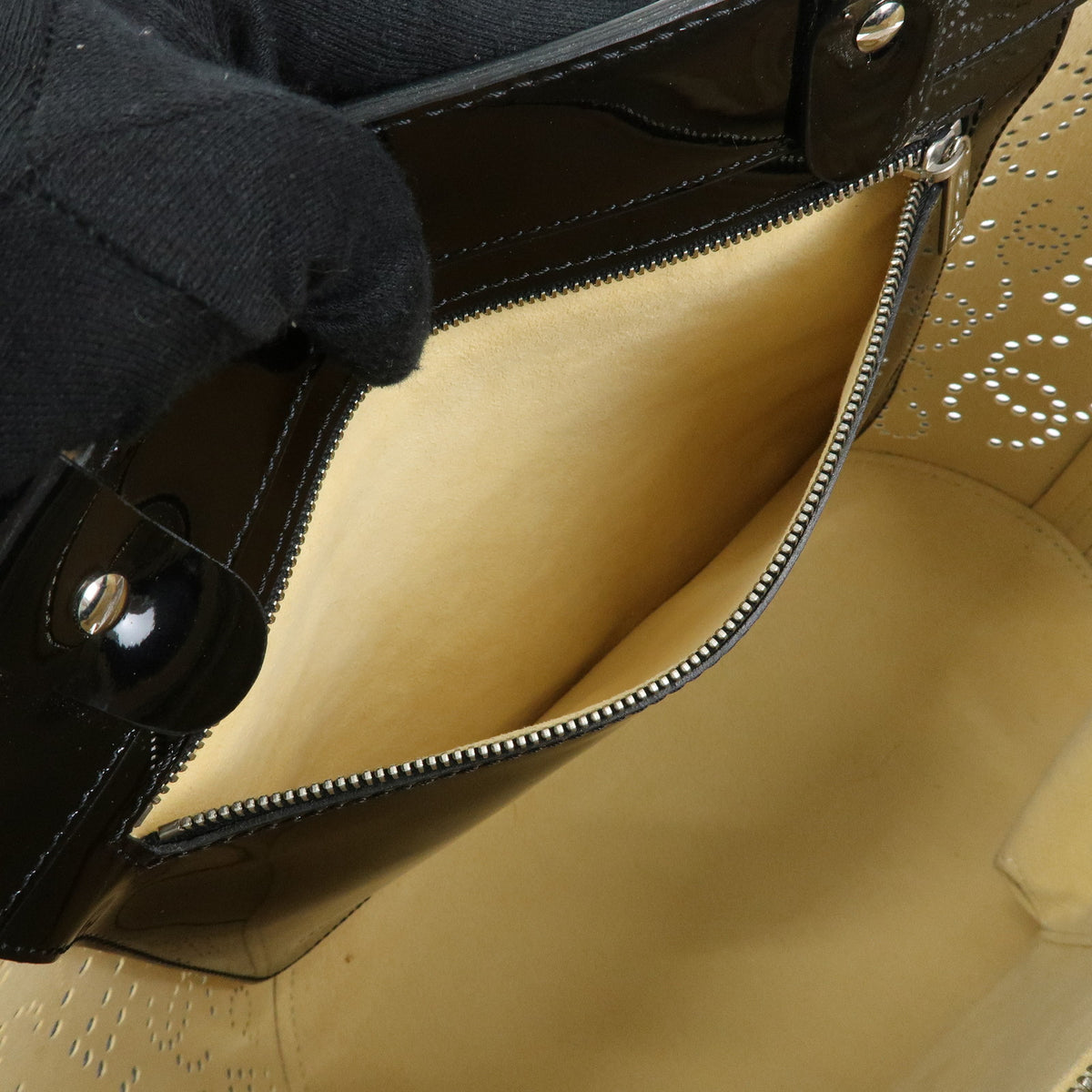 CHANEL COCO Mark Patent Leather Perforated Punching Hand Tote Bag Black