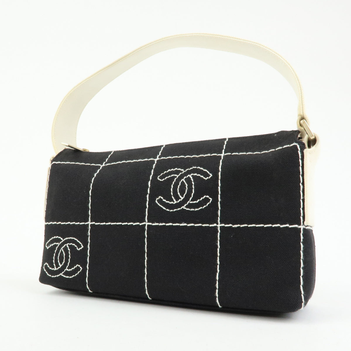 CHANEL Chocolate Bar COCO Mark Canvas Shoulder Bag Hand Bag Black White