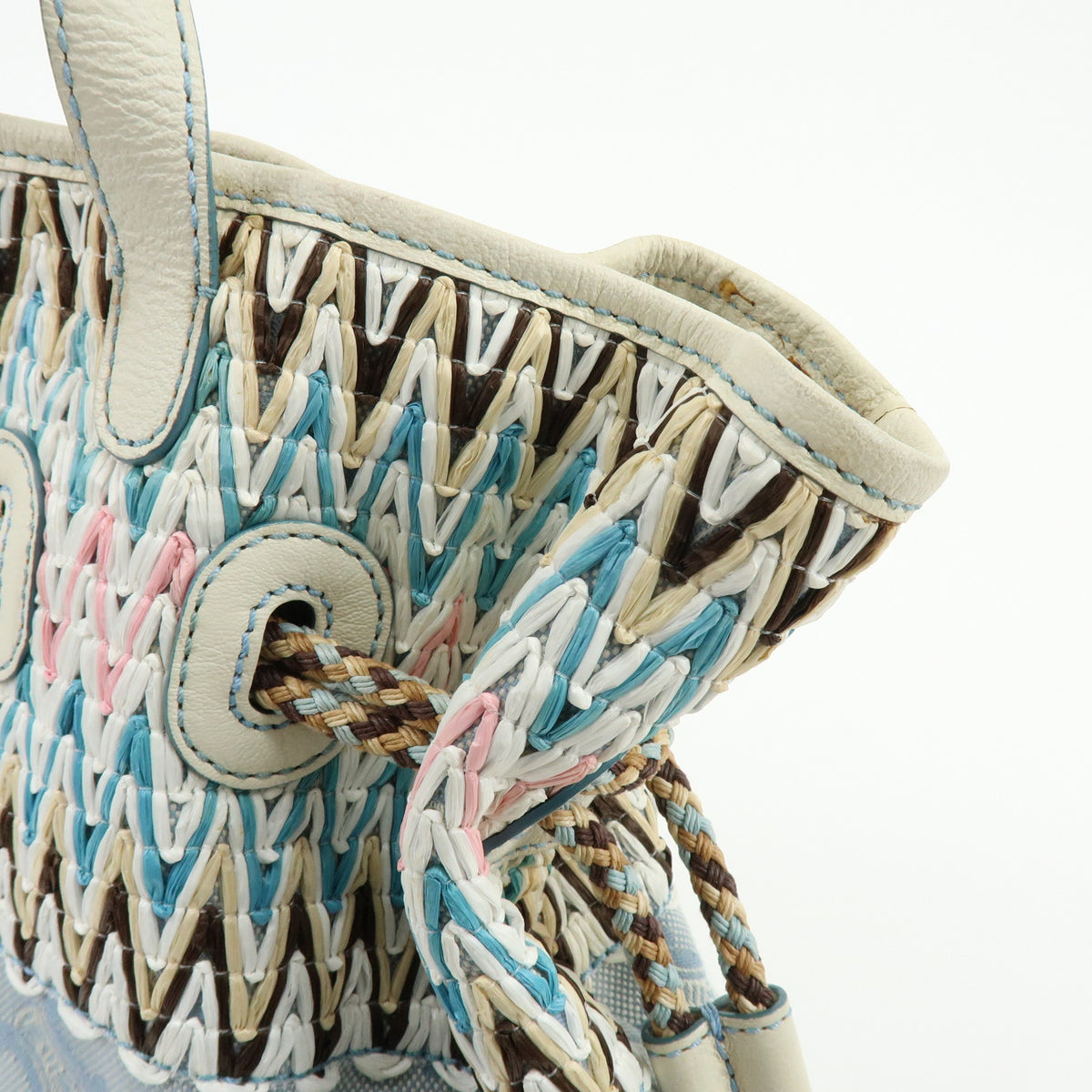 CELINE Macadam Canvas Leather Raffia Hand Bag Light Blue White