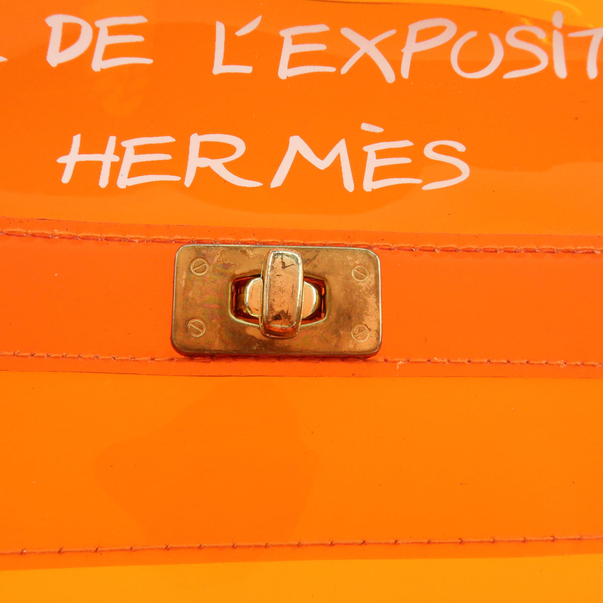HERMES Kelly Vinyl Turn-Lock Hand Bag Clear Orange