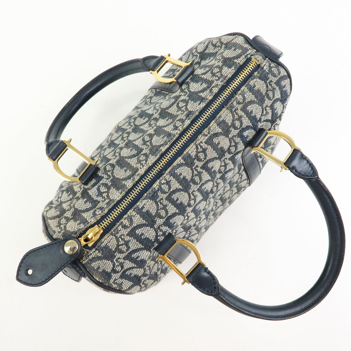 Christian Dior Trotter Jacquard Canvas Leather Boston Bag Hand Bag Navy