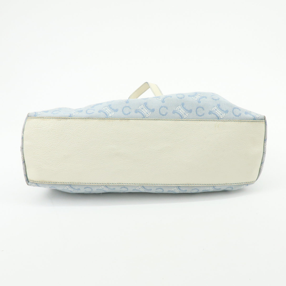 CELINE Macadam Canvas Leather Raffia Hand Bag Light Blue White