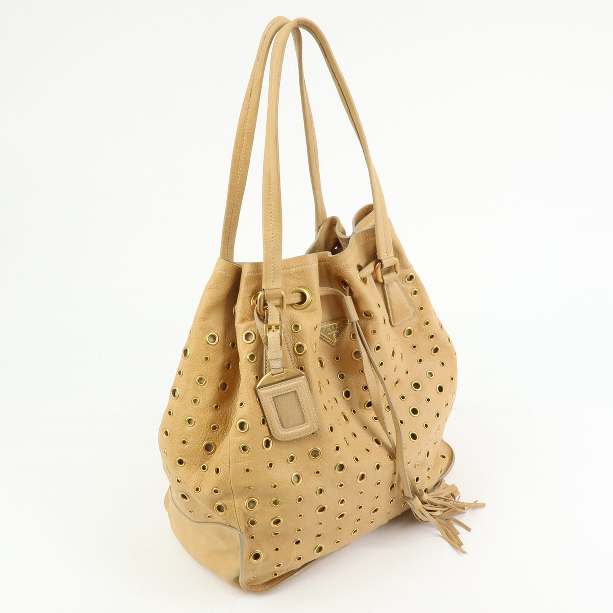 PRADA Triangle Logo Perforated Leather Tote Bag Tassel Beige BR3552