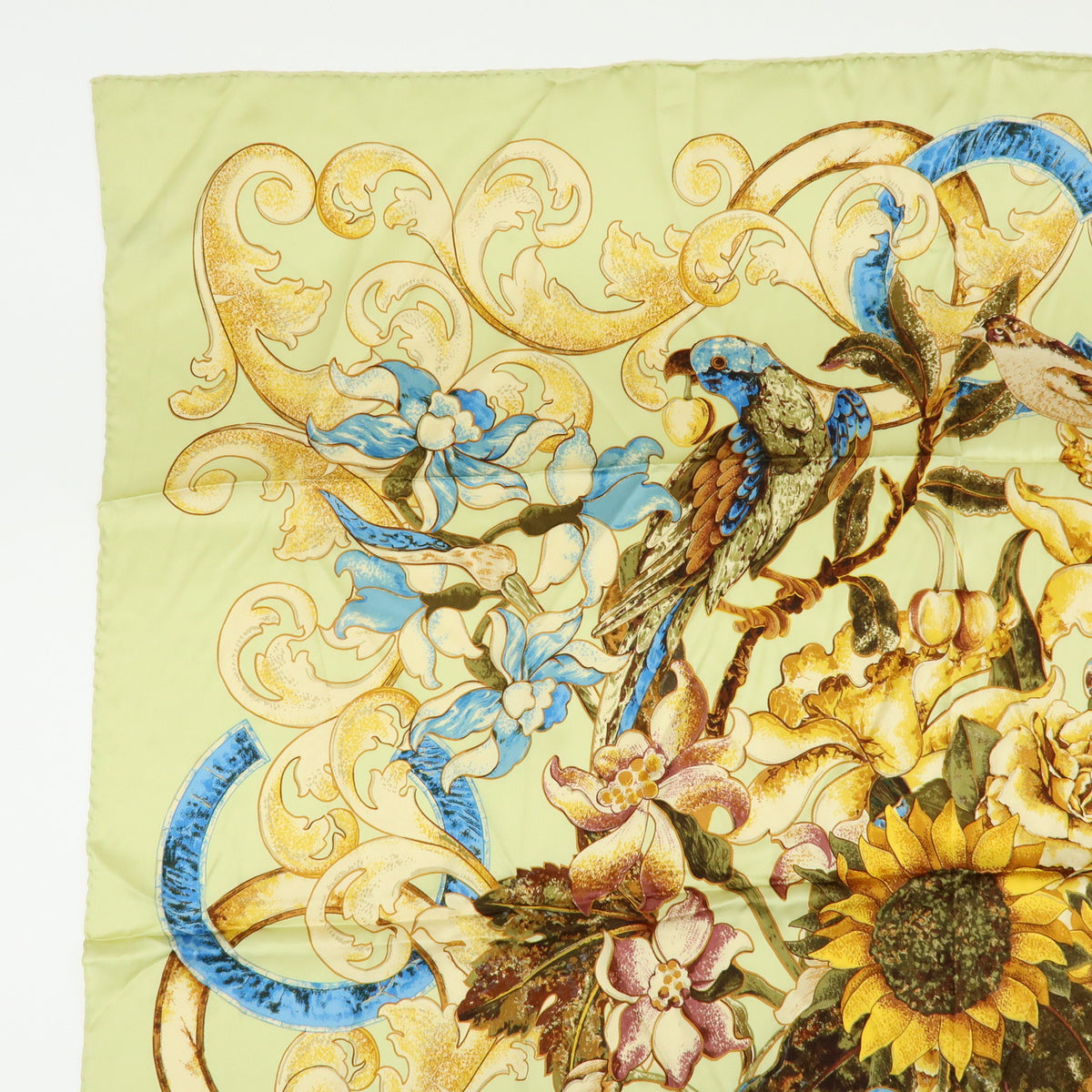 CHANEL Silk100% Sunflower Pattern Scarf Shawl Light Green