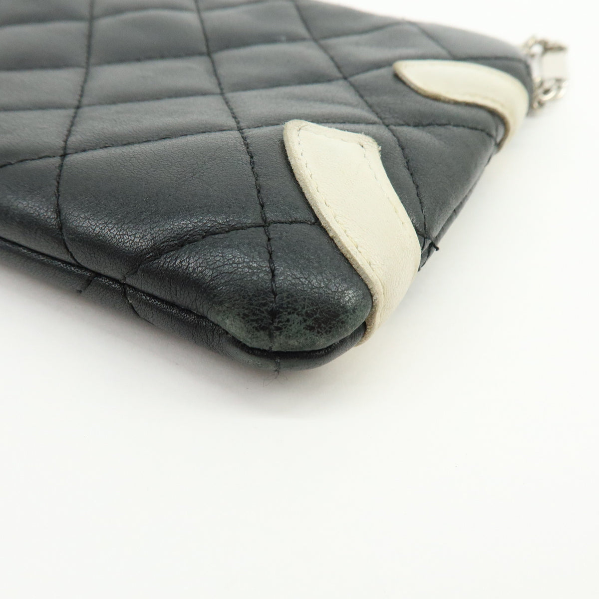 CHANEL Cambon Line COCO Mark Calf Skin Cosmetic Pouch Black White