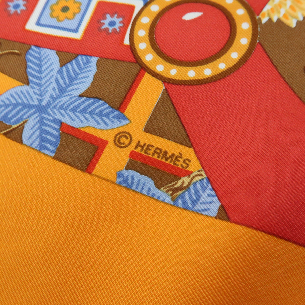 HERMES Carre 90 Silk 100% Scarf AXIS MUNDI Orange Blue Brown