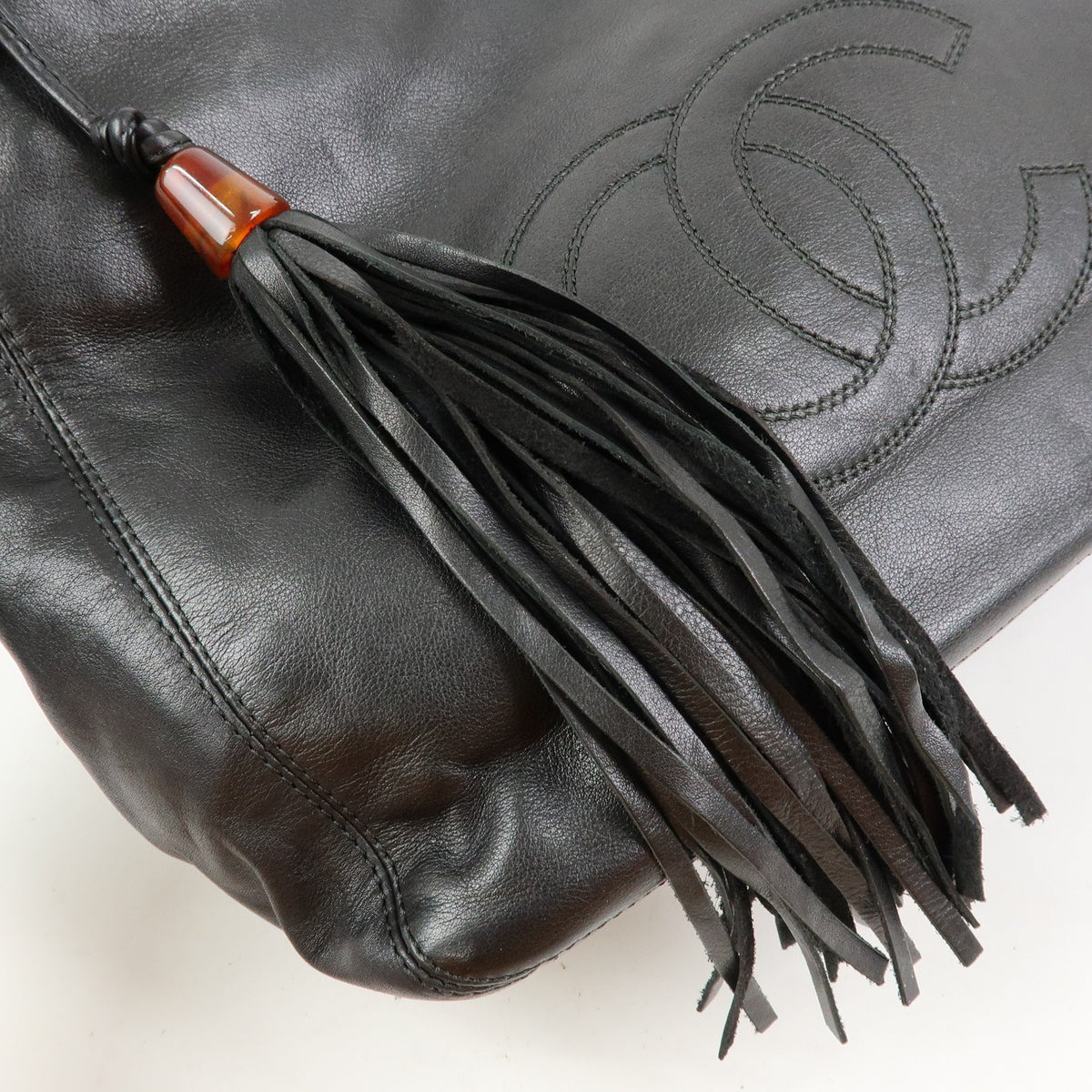 CHANEL COCO Mark Lamb Skin Leather Shoulder Bag Tassel Black Brown