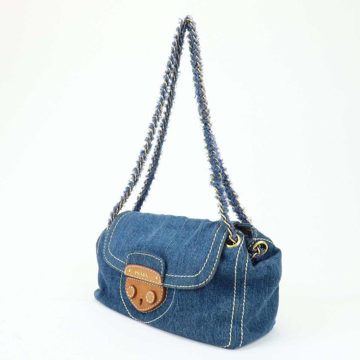 PRADA Front Flap Denim Leather Chain Shoulder Bag Blue Camel BR4659