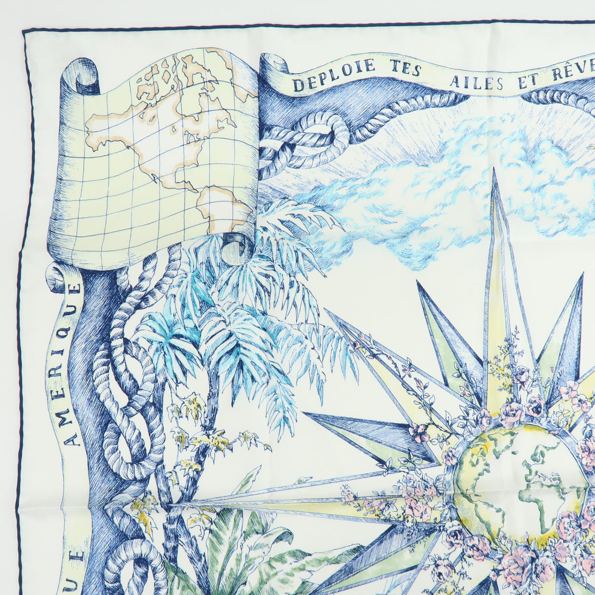 Christian Dior Silk 100% Scarf White Navy Blue Yellow