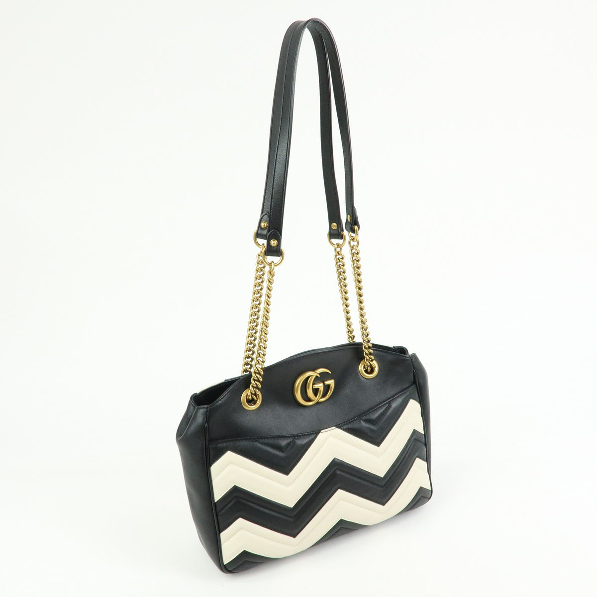 GUCCI GG Marmont Double G Leather Chain Shoulder Bag Black White 443501