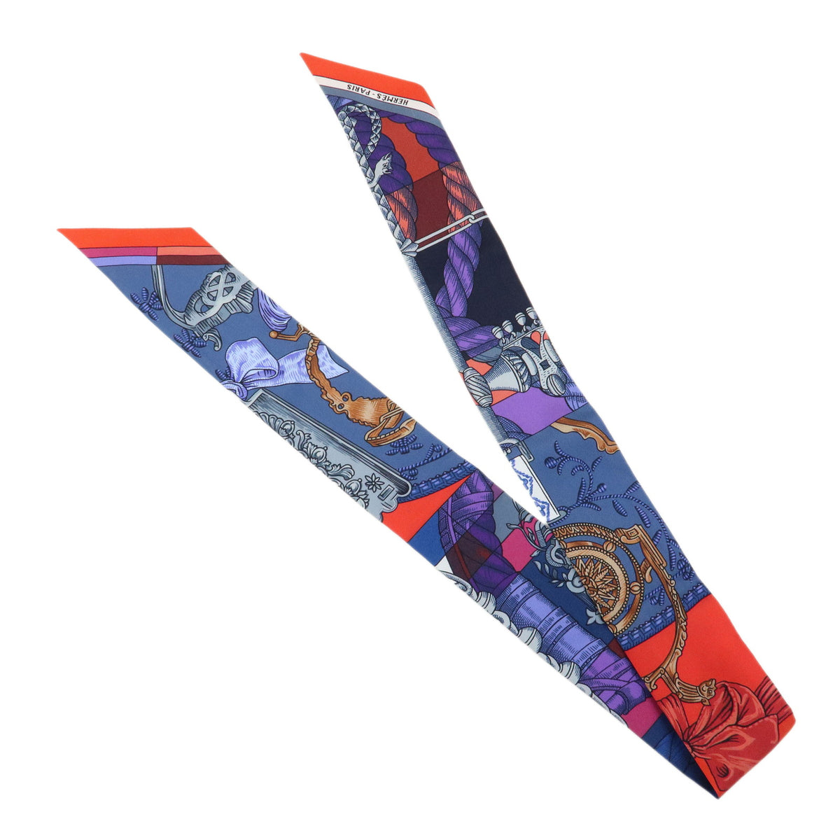 HERMES Twilly Silk 100% Scarf CAVALLERIA D ETRIERS Red Purple Blue