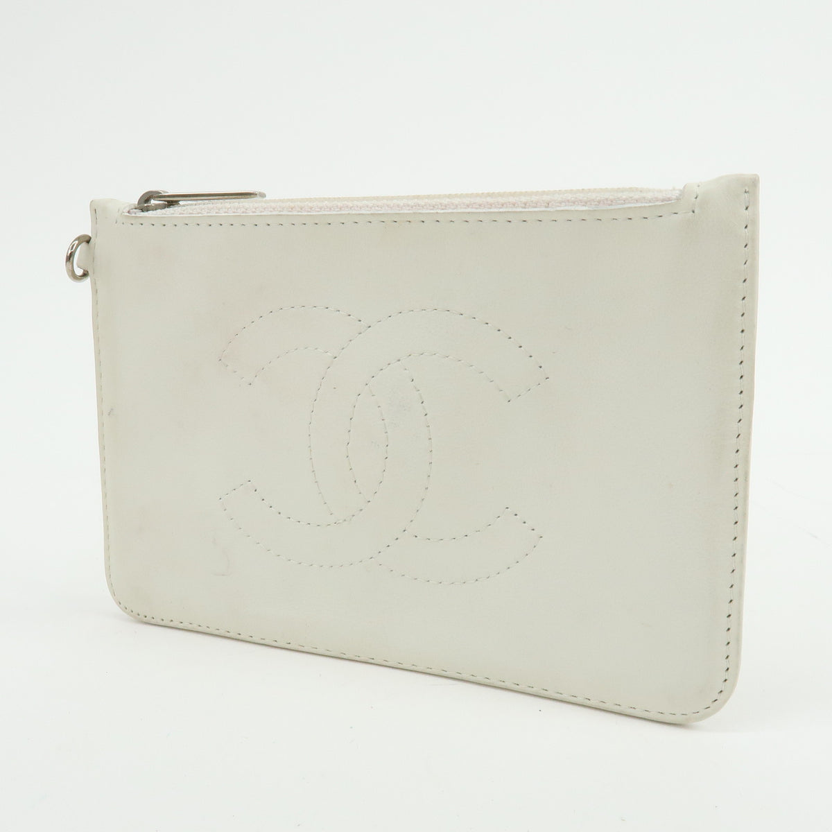 CHANEL COCO Mark Leather Cosmetic Pouch Flat Pouch White