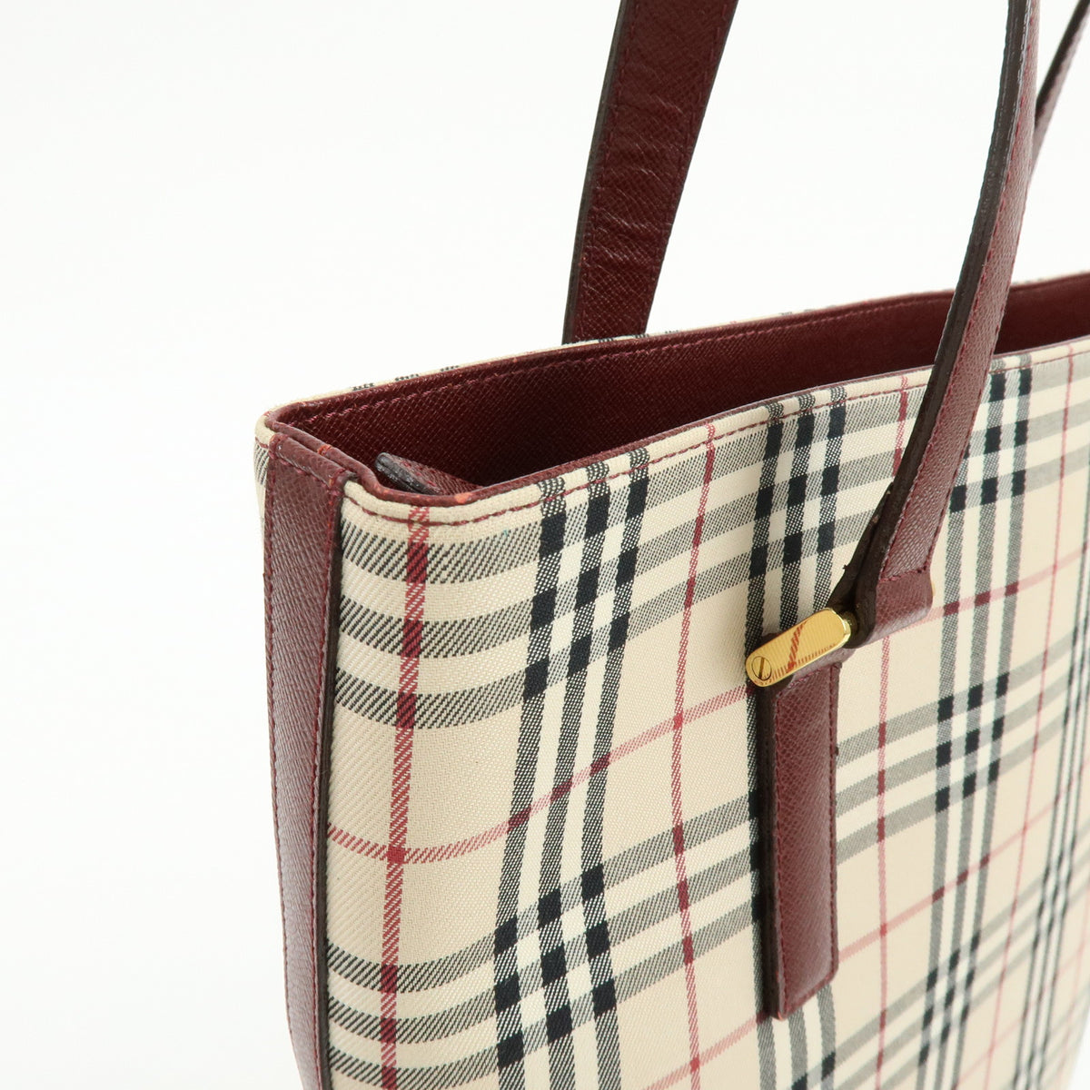 BURBERRY Nova Plaid Canvas Leather Tote Bag Shoulder Bag Beige Wine Red
