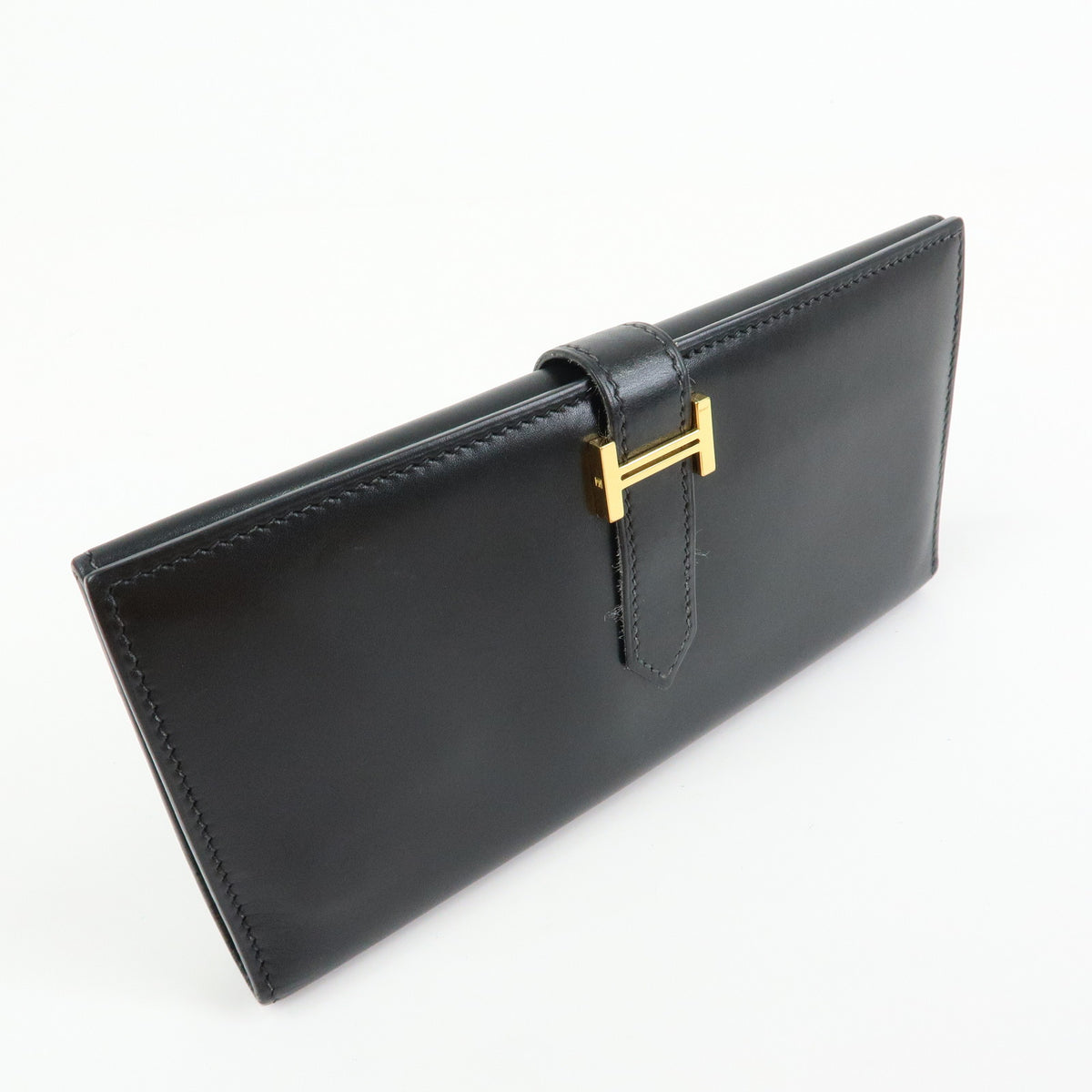 HERMES Bearn Leather Bi-fold Long Wallet □I Stamped Black Gold