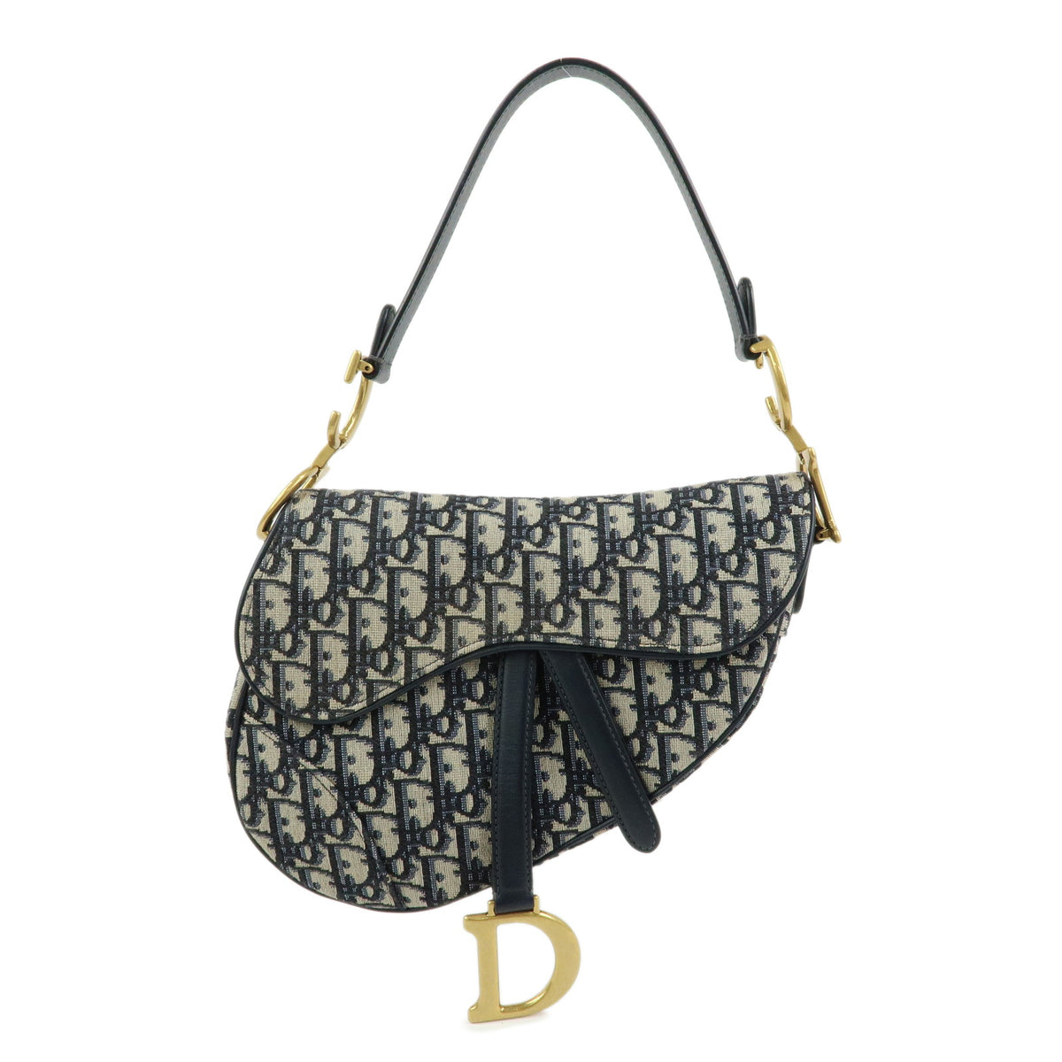 Christian Dior Saddle Oblique Jaquard Leather Shoulder Bag Navy Beige